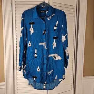 Lazy Oaf Womens Blue Psycho Killer Long Sleeve Button Down Tunic Top Shirt Small